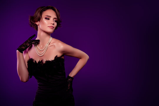 Photo of charming fancy lady royal aristocracy look night performance cabaret touch jewelry isolated dark background