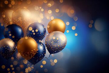 Fototapeta premium Festlicher Hintergrund mit Luftballons und Konfetti mit unscharfen Hintergrund und Bokeh Lichter - Generative Ai 