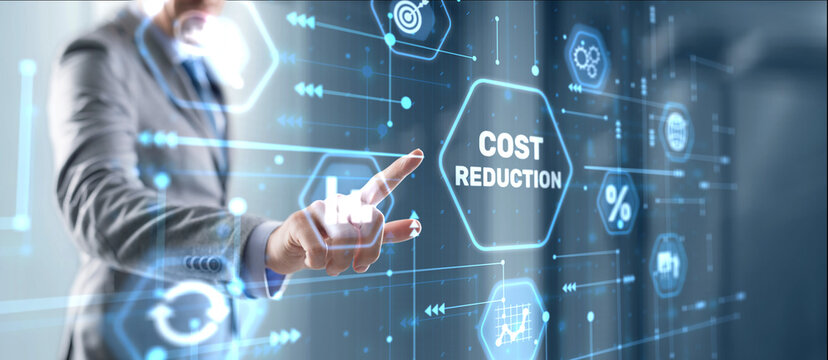 Cost reduction business finance concept. Businessman clicks virtual screen