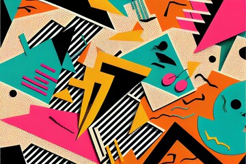A retro 1980s or 90s style paper collage background pattern. Generative AI