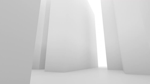 Movement in a maze of white columns in white light. 
Fog columns smoke and labyrinth.