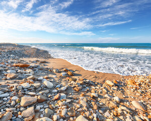 Fantastic view azure sea glowing by sunlight.