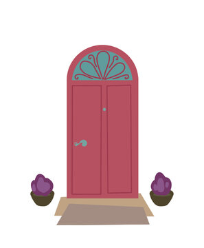 retro vintage Front Door vector illustration. empty wall. House Exterior. Home Entrance. Hand drawn colour enterance. Isolated on a white background, red door, pots with bushes, stairs 