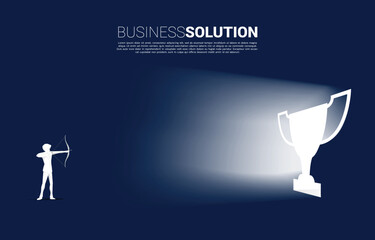 Businessman in suit shoot the arrow to exit door shape trophy. Business Concept of route to winner and champion