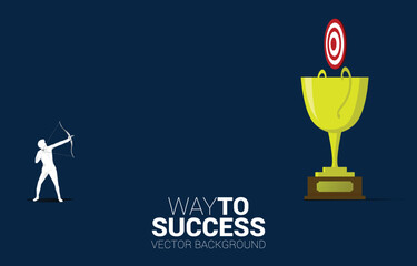Businessman in suit shoot the arrow to target on champion trophy. Business Concept of leadership goal and vision mission