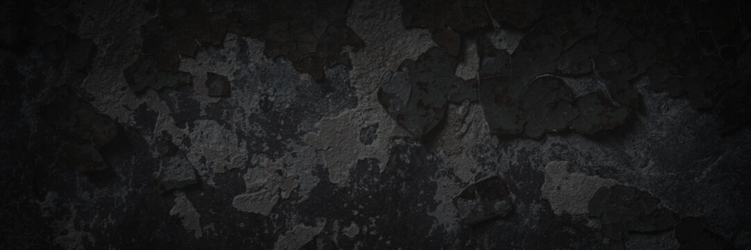 Dark wide panoramic background. Peeling paint on a concrete wall. Dark  grunge texture of old cracked flaking paint. Weathered rough painted  surface. Patterns of cracks. Darkness background for design. Stock Photo