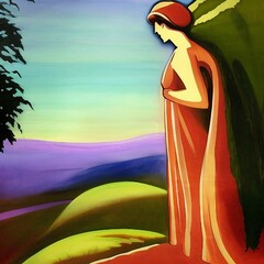 Femme stylisée, vêtue d'une longue robe, vue de profil, regardant d'en haut un champ couleur lavande sous un ciel bleu légèrement voilé.