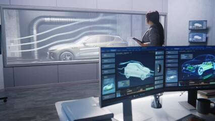 Engineers check aerodynamics of eco-friendly electric car in lab for modern modifications using wind tunnel with steam. Computer system for changing parameters. Car testing and technologies concept.