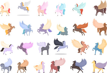 Pegasus icons set cartoon vector. Ancient greek. Crest blazon