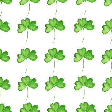 Watercolor seamless pattern for St. Patrick Day. Hand drawn clover  illustration isolated on white background. Vector EPS.