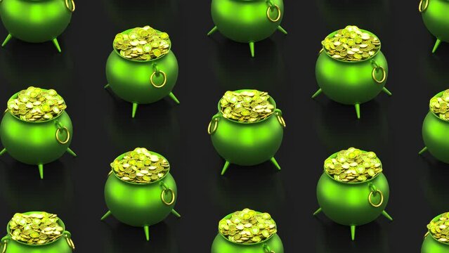St. Patrick's Day. Green pots full of golden coins on black backdrop. Patrick day background loopable animation. 3d render