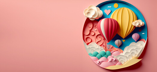 Concept banner travel Cappadocia Turkey, style illustration layered paper pink. Amazing colorful hot air balloon. Generation AI