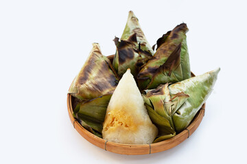 Grilled sticky rice in banana leave with mung beans filling