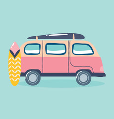 Camping in mobile home. Symbol of summer holidays and tropical and exotic vacation. Transport facility with surfboard. Active lifestyle and extreme sports concept. Cartoon flat vector illustration