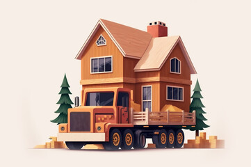 Obraz premium Concept transportation of building wooden house, service machine carries out move. Minimalism illustration, Generation AI