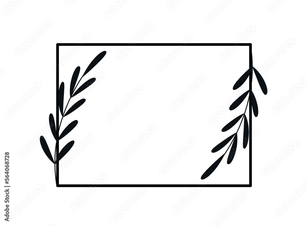 Wall mural simple geometric flower frame. organic rectangular border with branches and leaves. design element f