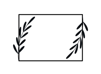 Simple geometric flower frame. Organic rectangular border with branches and leaves. Design element for wedding invitation. Cartoon linear vector illustration isolated on white background