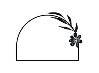Simple geometric flower frame. Thin semicircular border with blooming flower and branch of grass. Design element for greeting card. Cartoon linear vector illustration isolated on white background