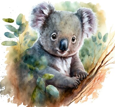 Cute baby koala in the middle of the forest. Watercolor painting. Generative AI