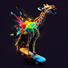Obraz na płótnie Canvas Colorful giraffe on skateboard. AI generative.