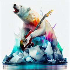 White polar bear playing guitar on iceberg. Generative AI.