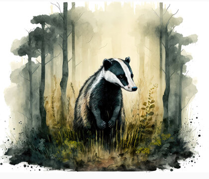Cute badger standing in the middle of the forest. Watercolor painting. Generative AI