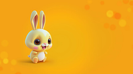 funny excited happy bunny cartoon character isolated on an orange color banner background with copyspace area
