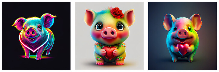Adorable isolated pigs with hearts. AI generative.