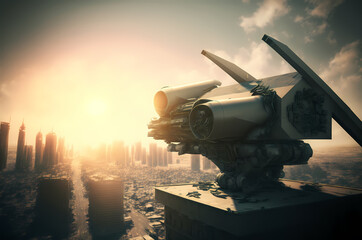 Work of military air defense system radar to protect city from aircraft, missiles and kamikaze drones. Mobile army security protects infrastructure of town. Generation AI