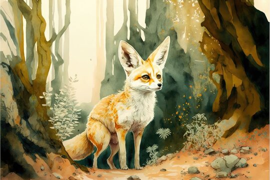 cute fennec fox in the middle of the forest. Watercolor painting