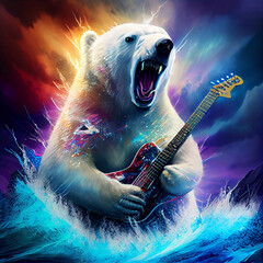 Fototapeta White polar bear playing guitar in sea. Generative AI. obraz