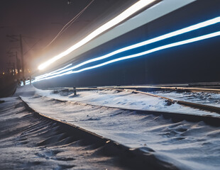 Light trail from the train while moving at night in winter, light trail from the lights of the electric train on the railway