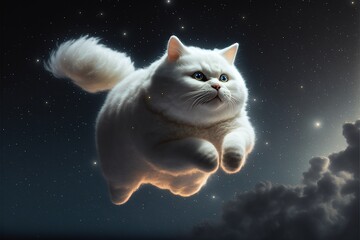A cute fluffy white cat leaping into a starry sky with a bright moon.