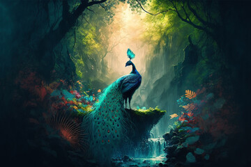 Generative AI illustration of a tropical fantasy landscape with a peacock.
