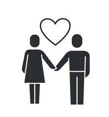 Care family icon black. Man and woman hold hands next to heart, young and happy couple on romantic date. Graphic element for website. Cartoon flat vector illustration