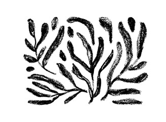 Tropical leaves in naive style. Charcoal drawn branches with long rounded leaves. Black paint vector illustrations set. Botanical silhouettes isolated on white background. Rustic style drawing. 