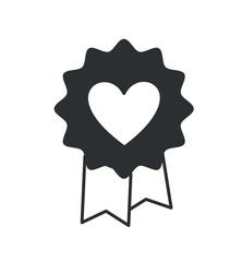 Care badge with heart icon black. Symbol of quality, award and trophy for activists and volunteers. Kindness and generosity. Interface for programs and applications. Cartoon flat vector illustration