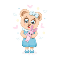 Cute cartoon teddy bear with a soft toy bunny