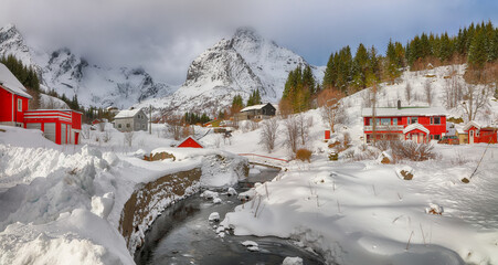 Astonishing morning scenery of Norwegian Nusfjord village.