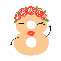 Cartoon number 8 with roses in a vector illustration for emoji stickers