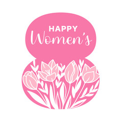 Obraz premium Pink number 8 with tulips and the phrase Happy women in a vector