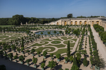 Palace Versailles was a royal chateau, 20 kilometres southwest of centre of Paris. Orangerie Parterre (1684 - 1686) in Versailles palace. VERSAILLES, FRANCE.