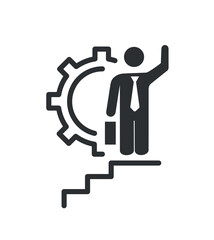 Careergrowth black icon. Man with briefcase standing on stairs against background of gears. Talented entrepreneur and successful investor. Graphic element for site. Cartoon flat vector illustration