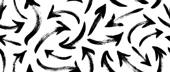 Hand drawn bold curved arrows seamless pattern. Vector black arrows collection. Sketchy design, swirled lines in grunge style. Curved and swirl lines. Squiggly brush drawn strokes. 