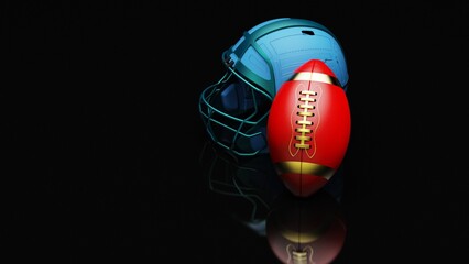 American football Blue helmet and Gold-Red Ball under foggy black laser lighting. 3D illustration. 3D CG. 3D high quality rendering.
