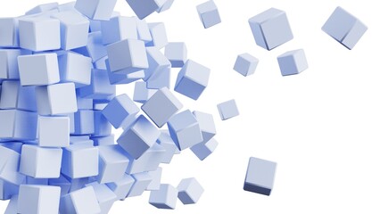 Fototapeta na wymiar A set of many soft blue cubes that are collapsing under white lighting background. Conceptual 3D CG of blockchain, financial system and personal data analysis.
