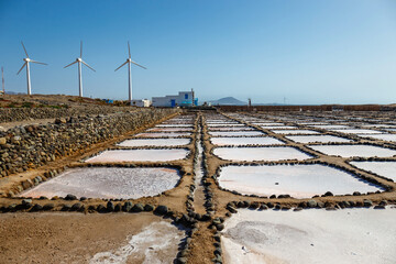 Gran Canaria, Salinas de Tenefe salt evaporation ponds, southeastern part of the island, pink color...