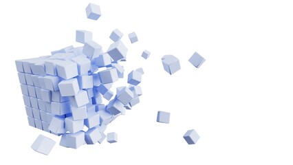 A set of many soft blue cubes that are collapsing under white lighting background. Conceptual 3D CG of blockchain, financial system and personal data analysis.