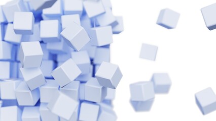 Fototapeta na wymiar A set of many soft blue cubes that are collapsing under white lighting background. Conceptual 3D CG of blockchain, financial system and personal data analysis.