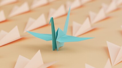 Origami of green crane and many soft orange airplanes on soft blue board under white lighting background. Concept 3D CG of Japanese traditional culture, wish for world peace and legendary president.